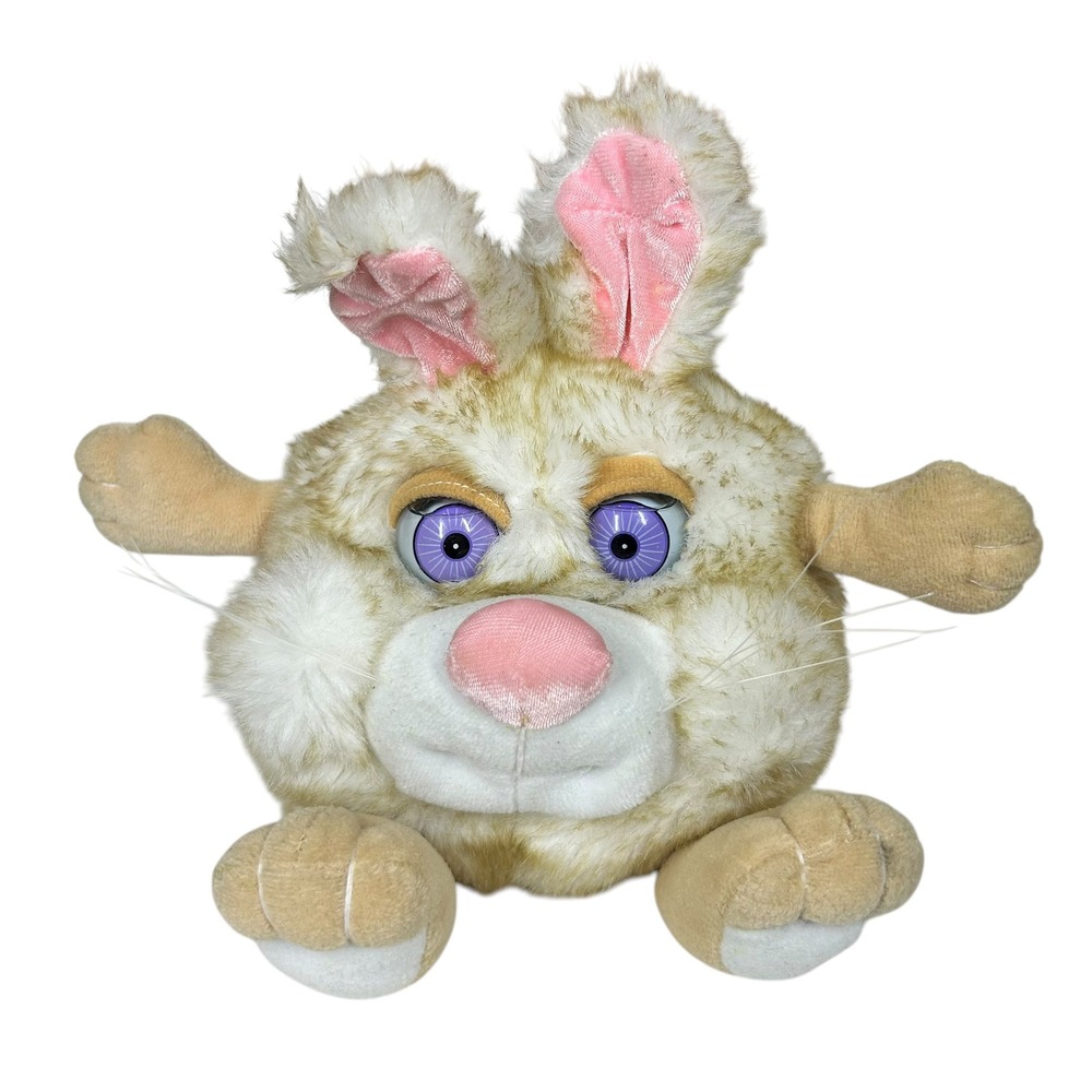 Vtg Eyenimal Round Bunny Rabbit Plush Tan White Speckled Purple Eyes Gold Loopl